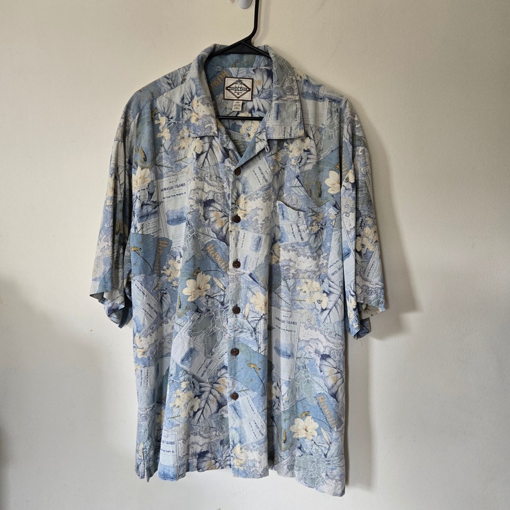 Coastal Beach Mens XL Silk Hawaiian Shirt Blue Map Floral Tropical Button Up